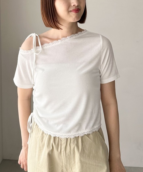 archives(アルシーヴ)の「レーストリミングワンショルカットTOPS(Tシャツ/カットソー・レディース・ネイビー/オフホワイト/グレー・MEDIUM)」の17枚目の写真
