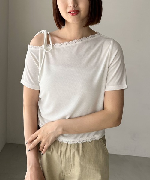archives(アルシーヴ)の「レーストリミングワンショルカットTOPS(Tシャツ/カットソー・レディース・ネイビー/オフホワイト/グレー・MEDIUM)」の18枚目の写真