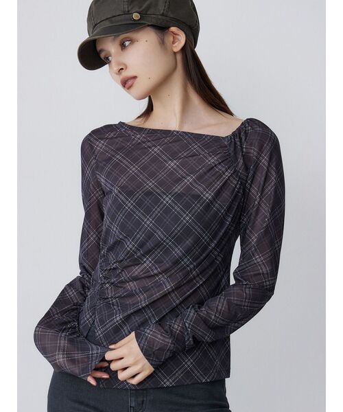 MURUA（ムルーア）の「チェックシアートップス（Tシャツ/カットソー・レディース・ブラウン/ブラック・FREE）」の2枚目の写真