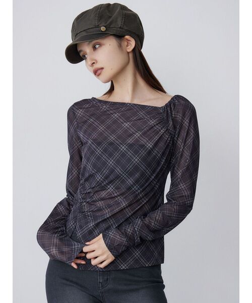 MURUA（ムルーア）の「チェックシアートップス（Tシャツ/カットソー・レディース・ブラウン/ブラック・FREE）」の3枚目の写真