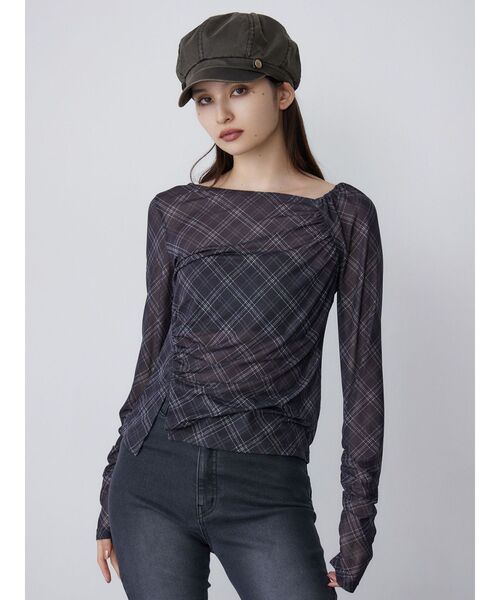MURUA（ムルーア）の「チェックシアートップス（Tシャツ/カットソー・レディース・ブラウン/ブラック・FREE）」の4枚目の写真