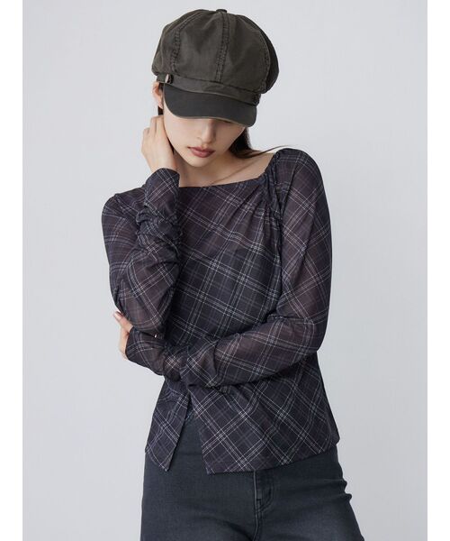 MURUA（ムルーア）の「チェックシアートップス（Tシャツ/カットソー・レディース・ブラウン/ブラック・FREE）」の5枚目の写真