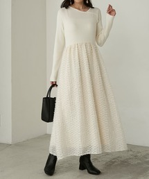 【Cherir Mignon】フリンジジャガード切替アシメネックニットワンピース