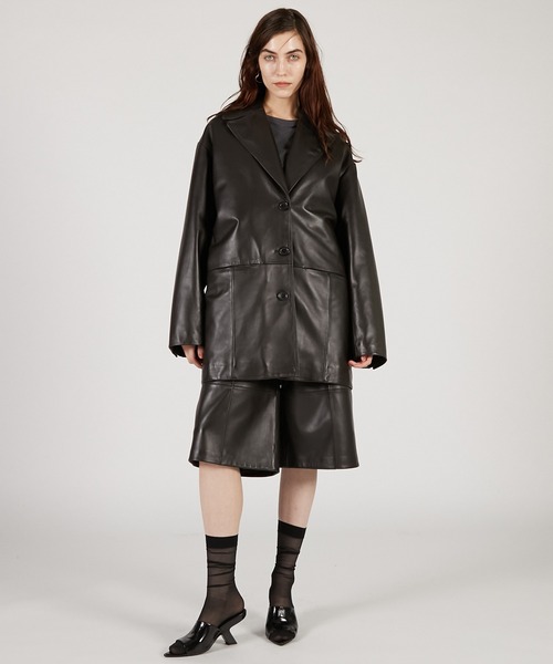 PRANK PROJECT（プランクプロジェクト）の「オーバーカラーシープレザージャケットコート / Overcoat Leather Jacket Coat（その他アウター・レディース・ブラウン/ブラック・FREE）」の3枚目の写真