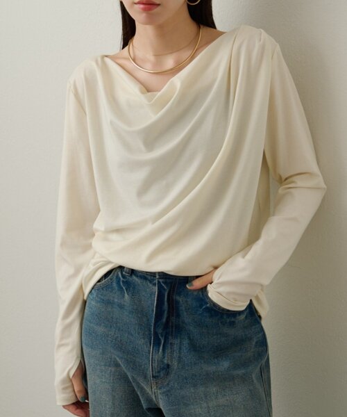 Omekashi(オメカシ)の「ドレープロングTシャツ(Tシャツ/カットソー・レディース・オフホワイト/ブラック/ライトグレー/チャコールグレー・FREE)」の1枚目の写真