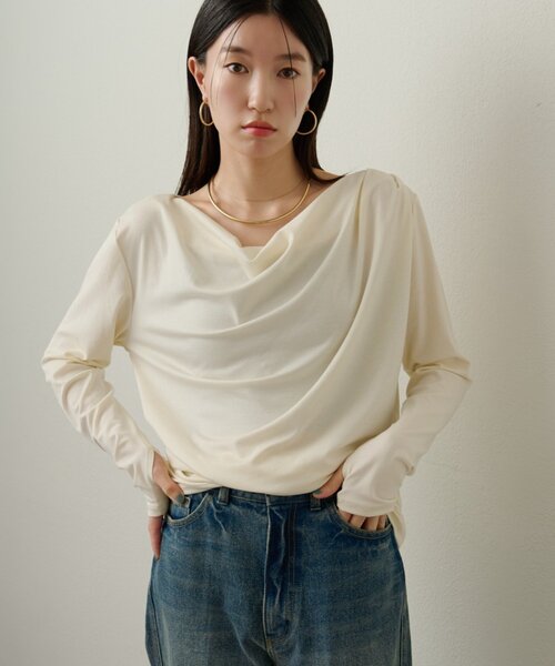 Omekashi(オメカシ)の「ドレープロングTシャツ(Tシャツ/カットソー・レディース・オフホワイト/ブラック/ライトグレー/チャコールグレー・FREE)」の5枚目の写真