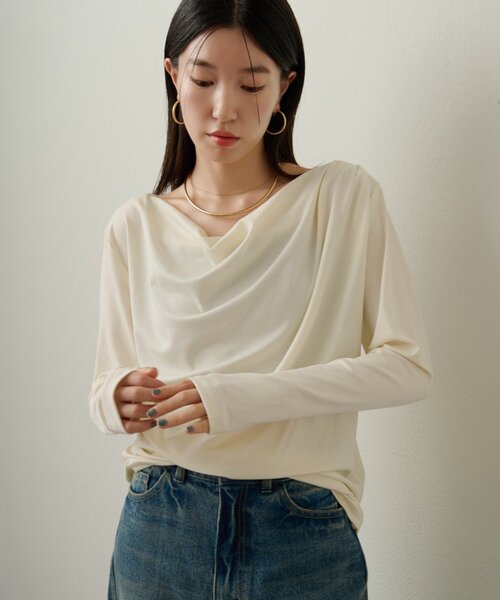 Omekashi(オメカシ)の「ドレープロングTシャツ(Tシャツ/カットソー・レディース・オフホワイト/ブラック/ライトグレー/チャコールグレー・FREE)」の7枚目の写真