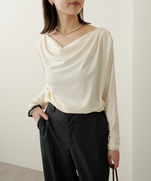 Omekashi(オメカシ)の「ドレープロングTシャツ(Tシャツ/カットソー・レディース・オフホワイト/ブラック/ライトグレー/チャコールグレー・FREE)」の13枚目の写真