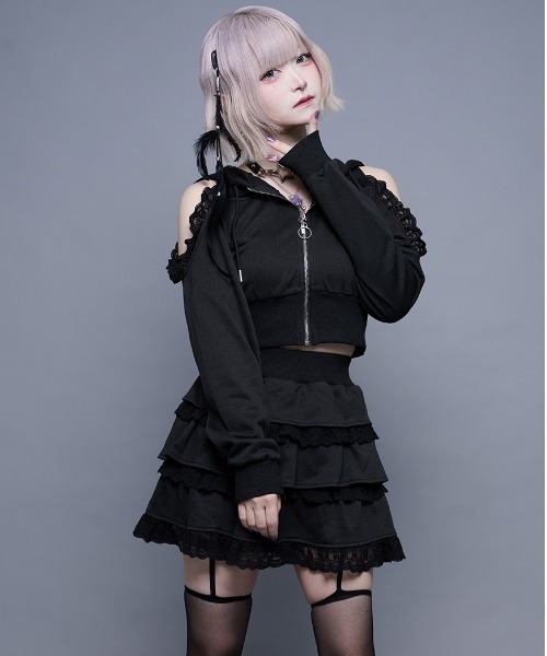 ililil(イルイルイル)の「『ililil/イルイルイル』【†ぴえん卒業†スウェットパーカー&ティアードスカートセット】(セットアップ・レディース・ブラック/レオパード・FREE)」の6枚目の写真