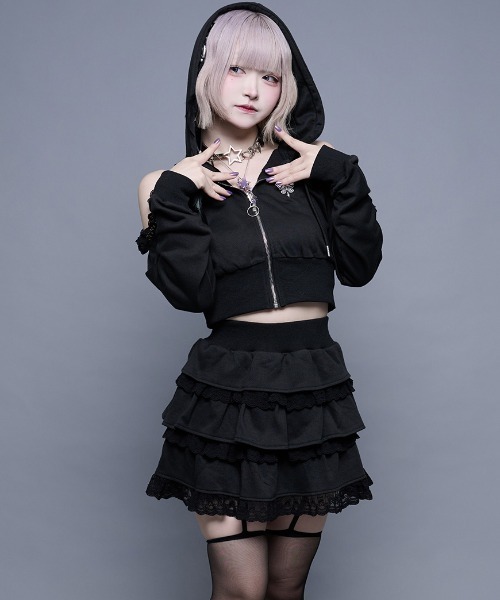 ililil(イルイルイル)の「『ililil/イルイルイル』【†ぴえん卒業†スウェットパーカー&ティアードスカートセット】(セットアップ・レディース・ブラック/レオパード・FREE)」の7枚目の写真