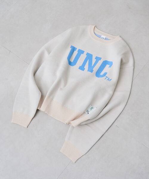 DISCUS ATHLETIC（ディスカス　アスレチック）の「【WEB限定・DISCUS（ディスカス）】 カレッジロゴジャガードニット①（ニット/セーター・レディース・ライトブルー/オフホワイト・M/L）」の7枚目の写真