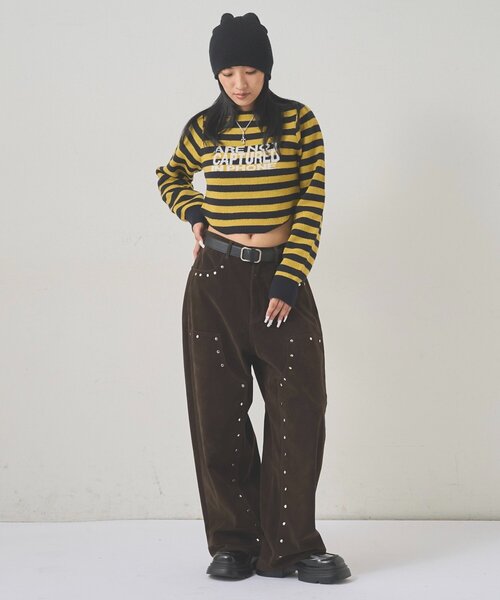 WHO'S WHO gallery(フーズフーギャラリー)の「2WAY ロゴボーダーフーディニット(ニット/セーター・レディース・チャコールグレー/ブラウン/イエロー・FREE)」の12枚目の写真