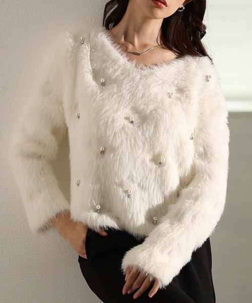 Sawa a la mode（サワアラモード）の「パール付きシャギーニットトップス（ニット/セーター・レディース・グレー/ホワイト/ピンク・FREE）」の2枚目の写真