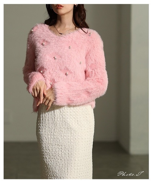 Sawa a la mode（サワアラモード）の「パール付きシャギーニットトップス（ニット/セーター・レディース・グレー/ホワイト/ピンク・FREE）」の4枚目の写真