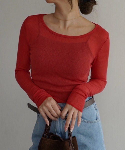 Rashik（ラシク）の「リブシアークルーネックトップス（Tシャツ/カットソー・レディース・レッド/ホワイト/ピンク/ブラック/グレー・FREE）」の14枚目の写真