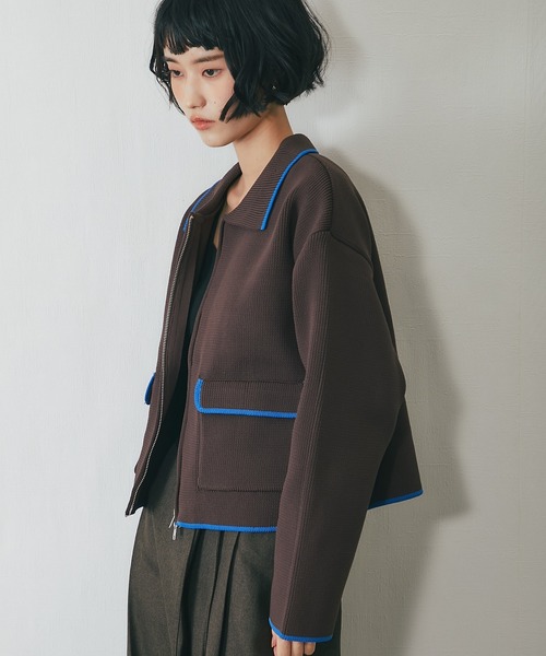 ヒールクリーク　ニット　ブルゾン　ボレロ　ショート丈　新品タグ付き セール】配色襟付きショートニットブルゾン（カーディガン/ボレロ