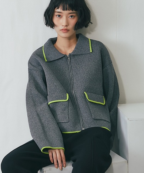 セール】配色襟付きショートニットブルゾン（カーディガン/ボレロ