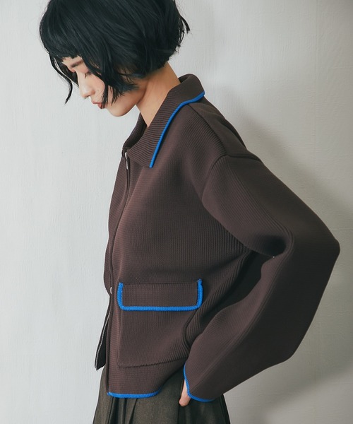 ヒールクリーク　ニット　ブルゾン　ボレロ　ショート丈　新品タグ付き セール】配色襟付きショートニットブルゾン（カーディガン/ボレロ