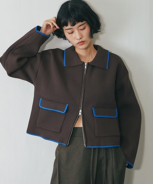 【美品】 ：ナイロン切替ニットブルゾン セール】配色襟付きショートニットブルゾン（カーディガン/ボレロ