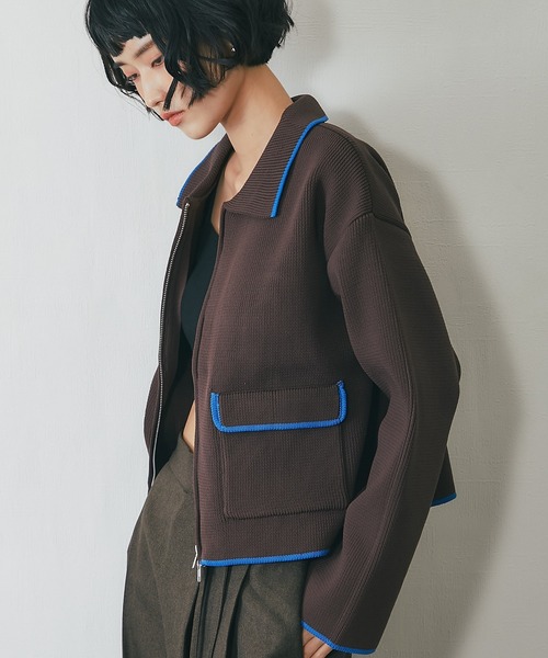 セール】配色襟付きショートニットブルゾン（カーディガン/ボレロ