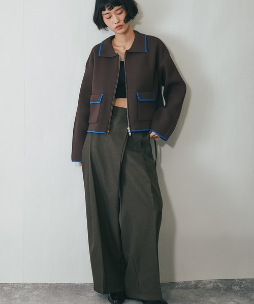 セール】配色襟付きショートニットブルゾン（カーディガン/ボレロ