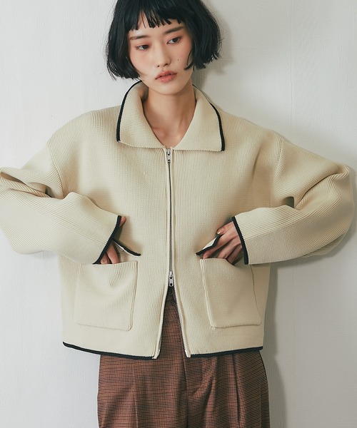 セール】配色襟付きショートニットブルゾン（カーディガン/ボレロ