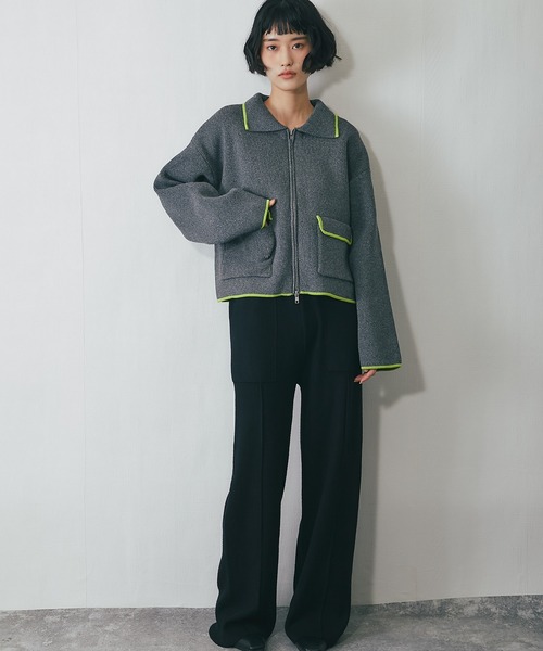 セール】配色襟付きショートニットブルゾン（カーディガン/ボレロ