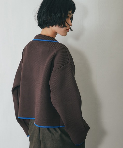 セール】配色襟付きショートニットブルゾン（カーディガン/ボレロ