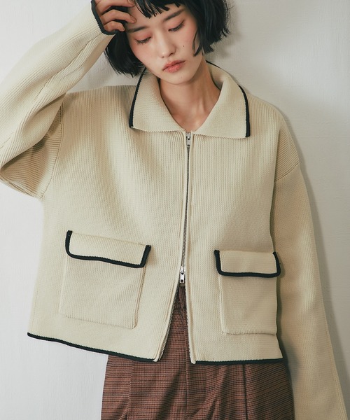 セール】配色襟付きショートニットブルゾン（カーディガン/ボレロ