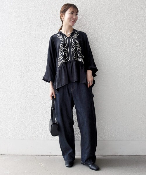 シップス エニィ（SHIPS any）/SHIPS any:〈洗濯機可能〉サテン 刺繍 スキッパー ペプラム ブラウス セール】SHIPS any:〈洗濯機可能〉サテン 刺繍 スキッパー ペプラム