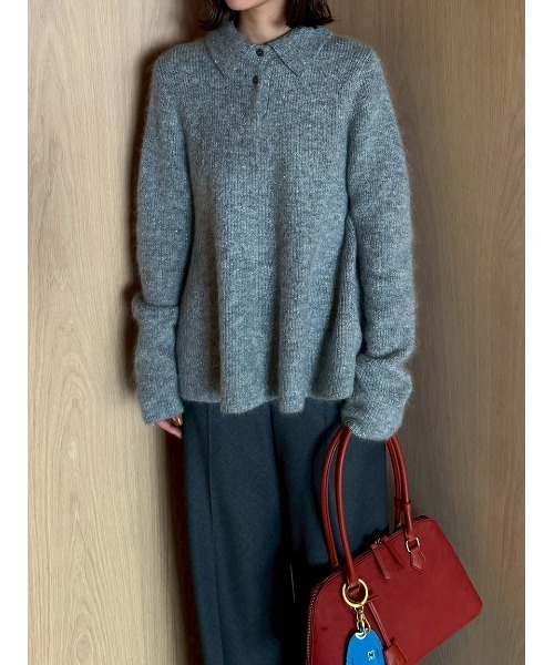 セール】4WAYモヘヤラメペプラムニットプルオーバー（ポロシャツ