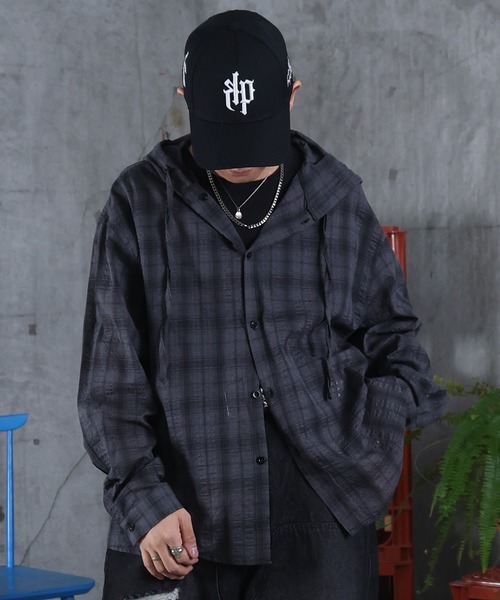 ILL'S（イルズ）の「AW チェックシャツ フーディ メンズ レディース ユニセックス 【ILL'S】（シャツ/ブラウス・メンズ・ホワイト/チャコールグレー/ブルー・L/M）」の3枚目の写真