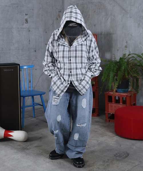 ILL'S（イルズ）の「AW チェックシャツ フーディ メンズ レディース ユニセックス 【ILL'S】（シャツ/ブラウス・メンズ・ホワイト/チャコールグレー/ブルー・L/M）」の8枚目の写真