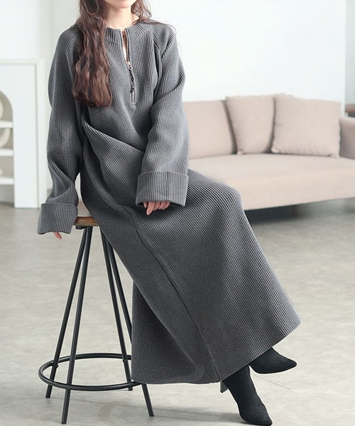 ハーフZIP畦編みニットワンピース【大きいサイズ対応】（ワンピース