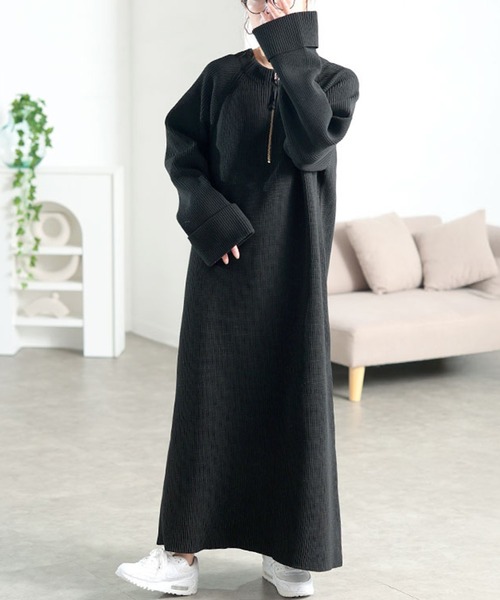 セール】ハーフZIP畦編みニットワンピース【大きいサイズ対応