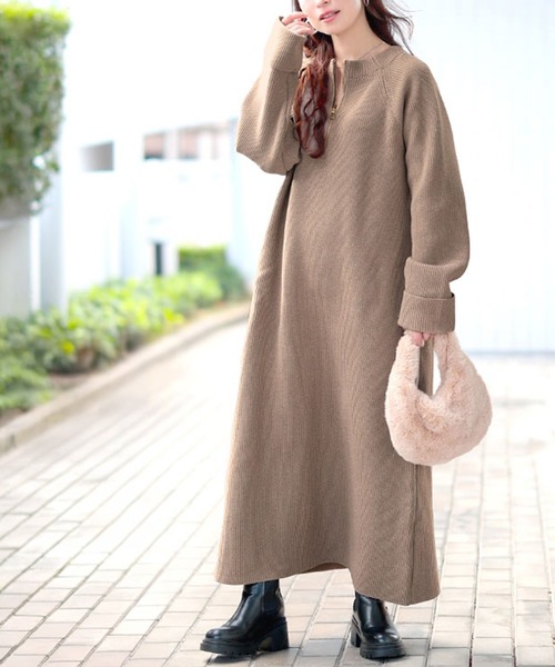 ハーフZIP畦編みニットワンピース【大きいサイズ対応】（ワンピース