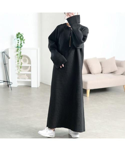 ハーフZIP畦編みニットワンピース【大きいサイズ対応】（ワンピース