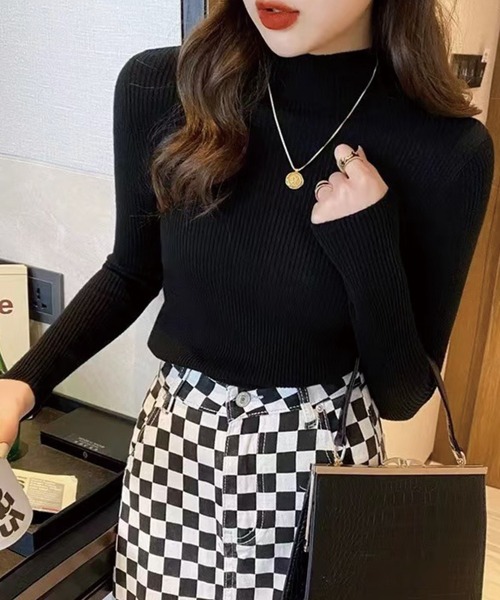 ADDITION STORE(アディションストア)の「モックネック ロングスリーブ リブニット / Mock neck long sleeve rib knit(ニット/セーター・レディース・ホワイト/オレンジ/ブラック/ブルー/グレー・FREE)」の2枚目の写真