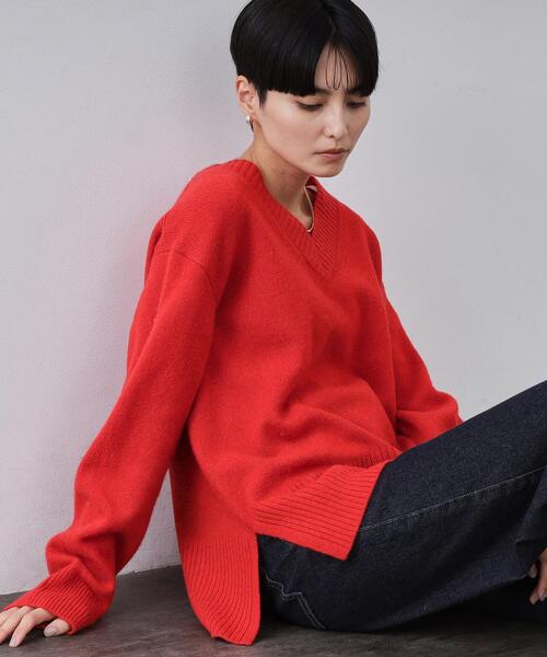 リラクシーVネックミドルゲージニット【洗える】（ニット/セーター