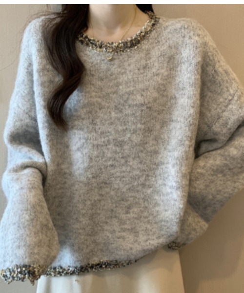 a lot of love(ア ロット オブ ラブ)の「縁取りアクセント ルーズニット(ニット/セーター・レディース・ダークグレー/ライトグレー・FREE)」の3枚目の写真
