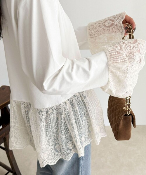 fredy emue（フレディエミュ）の「レースドッキングロンTシャツ（Tシャツ/カットソー・レディース・オフホワイト/ブラック・38）」の2枚目の写真