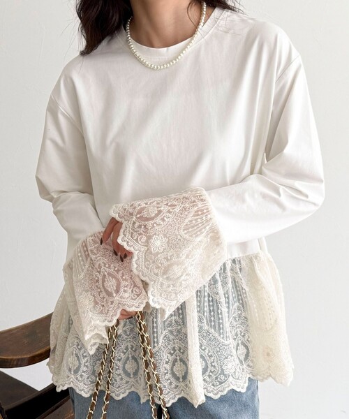 fredy emue（フレディエミュ）の「レースドッキングロンTシャツ（Tシャツ/カットソー・レディース・オフホワイト/ブラック・38）」の3枚目の写真