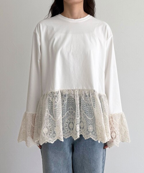 fredy emue（フレディエミュ）の「レースドッキングロンTシャツ（Tシャツ/カットソー・レディース・オフホワイト/ブラック・38）」の5枚目の写真