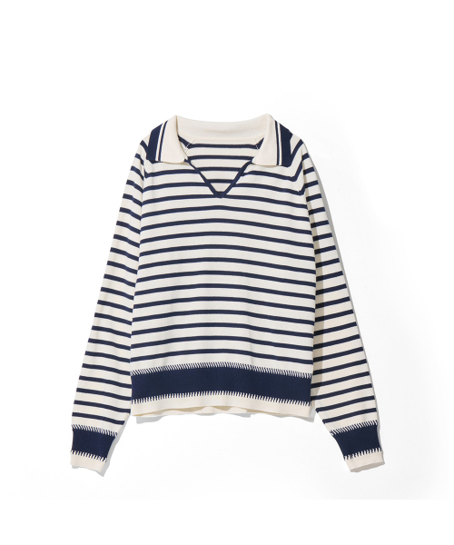 OGARP(オガープ)の「Stripe Collar Knit Navy(ニット/セーター・レディース・ネイビー・1/2)」の1枚目の写真