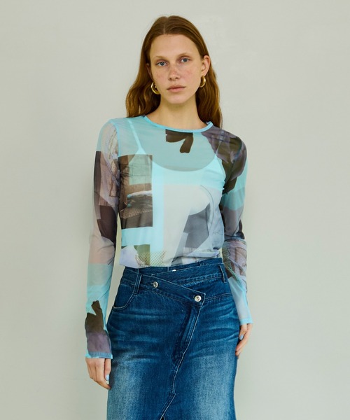 MAISON SPECIAL(メゾンスペシャル)の「Photo Collage Mesh Tops/フォトコラージメッシュトップス(Tシャツ/カットソー・レディース・イエロー/ブルー/グレー・FREE)」の1枚目の写真