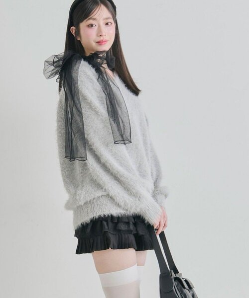 OLIVE des OLIVE（オリーブデオリーブ）の「チュールリボンゆるふわチュニック（ワンピース・レディース・イエロー/オフホワイト/トップグレー/ピンク/サックスブルー・FREE）」の3枚目の写真