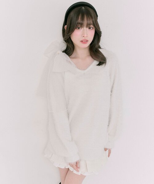 OLIVE des OLIVE（オリーブデオリーブ）の「チュールリボンゆるふわチュニック（ワンピース・レディース・イエロー/オフホワイト/トップグレー/ピンク/サックスブルー・FREE）」の10枚目の写真