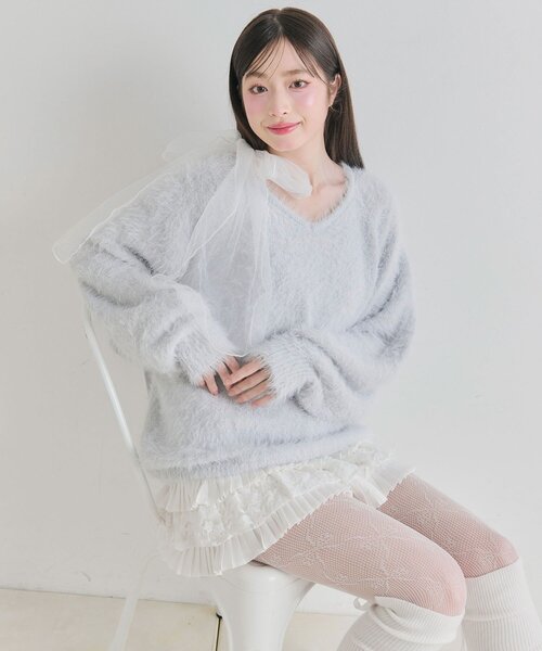 OLIVE des OLIVE（オリーブデオリーブ）の「チュールリボンゆるふわチュニック（ワンピース・レディース・イエロー/オフホワイト/トップグレー/ピンク/サックスブルー・FREE）」の14枚目の写真