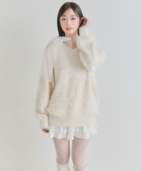 OLIVE des OLIVE（オリーブデオリーブ）の「チュールリボンゆるふわチュニック（ワンピース・レディース・イエロー/オフホワイト/トップグレー/ピンク/サックスブルー・FREE）」の22枚目の写真