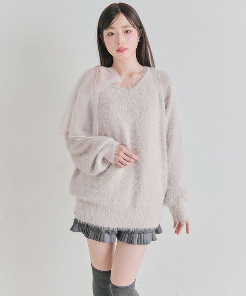 OLIVE des OLIVE（オリーブデオリーブ）の「チュールリボンゆるふわチュニック（ワンピース・レディース・イエロー/オフホワイト/トップグレー/ピンク/サックスブルー・FREE）」の6枚目の写真